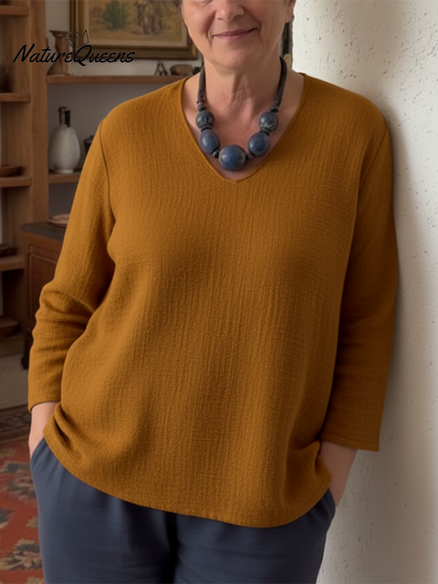 Women's V-neck Loose Solid Color Linen Top