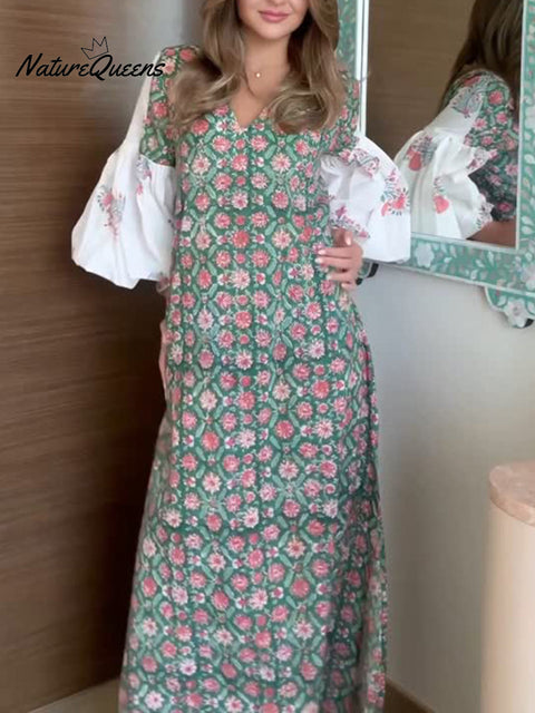 Women's Floral Print Loose Lantern Sleeve Kaftan Dress