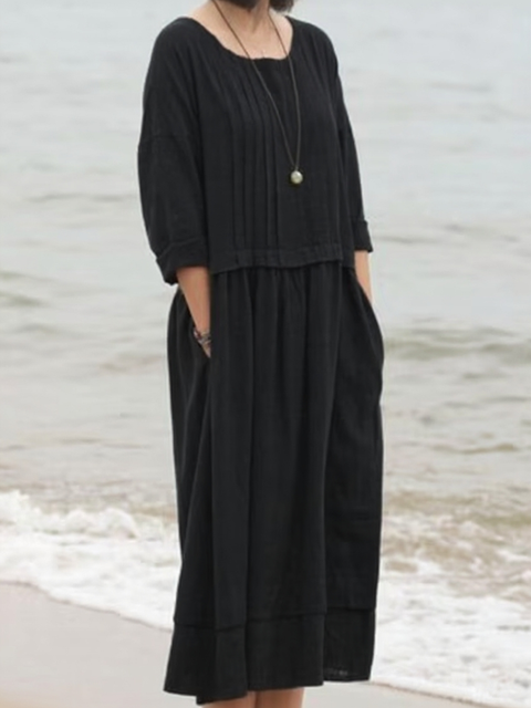 Women's Accordion Pleated Round Neck Cotton and Linen Dress