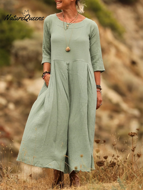 Elena Comfortable Pleated Cotton and Linen Dress