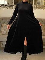 Women's Soft Velvet A-line Hem Slit Midi Dress
