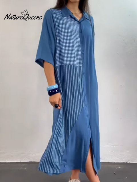 Women's Printed Patchwork Cotton Shirt Dress