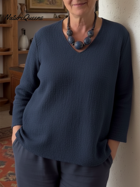 Women's V-neck Loose Solid Color Linen Top