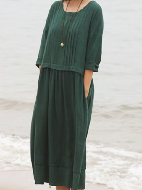 Women's Accordion Pleated Round Neck Cotton and Linen Dress