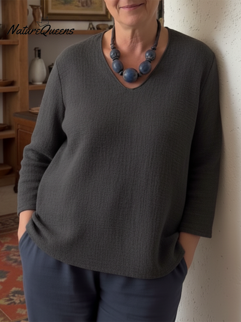 Women's V-neck Loose Solid Color Linen Top