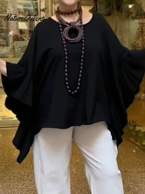 Women's Boho Batwing Sleeve Ruffled Cotton and Linen Top