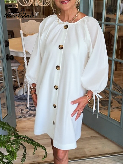 Women's Autumn Buttoned Lantern Sleeve Cotton Dress