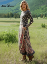 Women's Vintage Cashew Flower Art Print Long-sleeved Dress