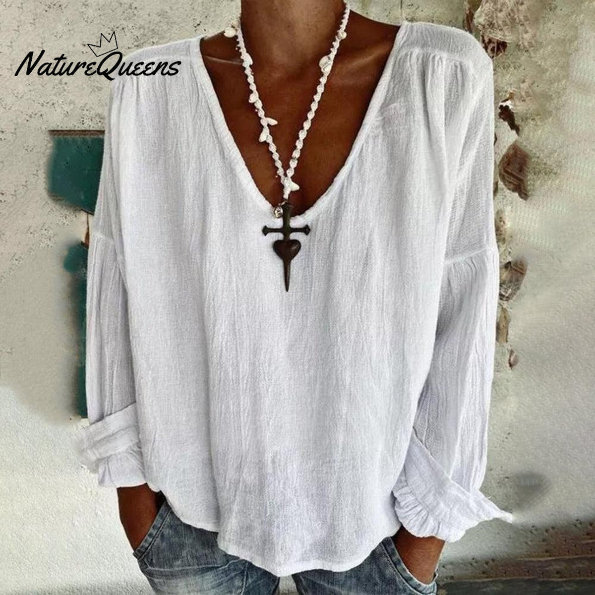 Simple White Plain V - Neck Top
