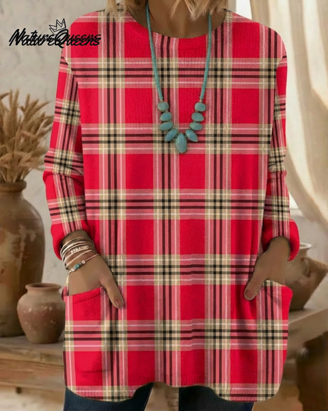 Red square pattern printed pullover sweater