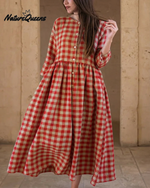 Vintage Plaid Print Button-up Loose Midi Dress