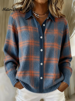 Denim Patchwork Contrast Plaid Polo Collar Button Cardigan Sweater