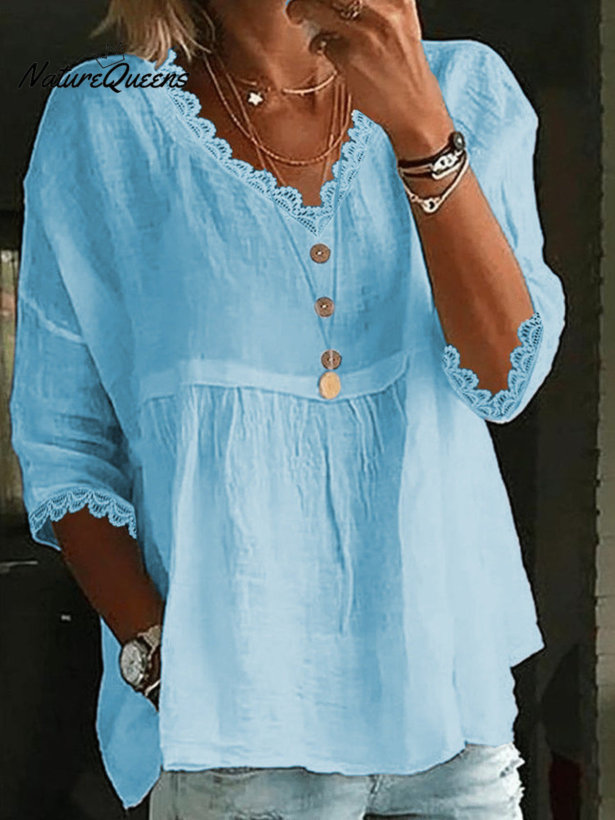 Casual three-quarter sleeve lace V-neck top shirt
