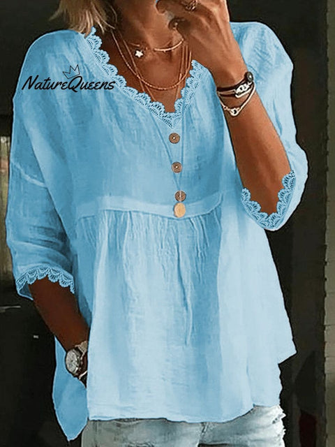 Casual three-quarter sleeve lace V-neck top shirt