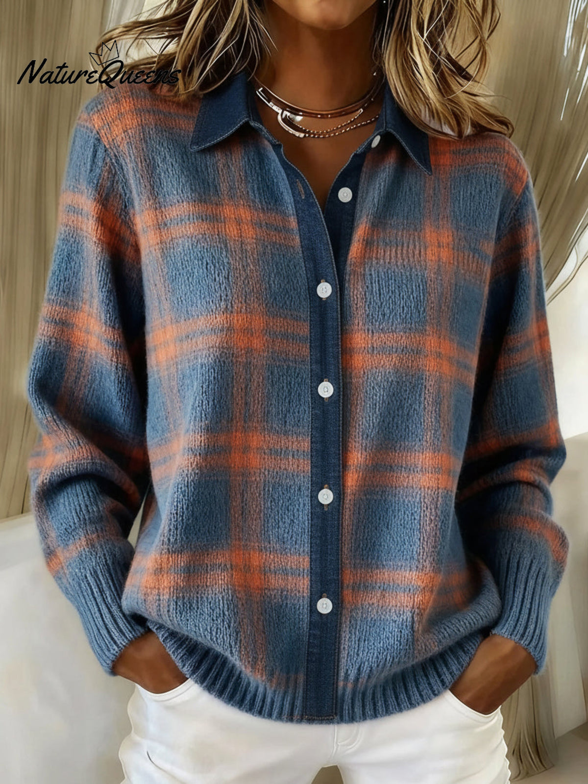 Denim Patchwork Contrast Plaid Polo Collar Button Cardigan Sweater