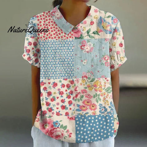 Breezy Floral Print Blue Short Sleeve Top / S