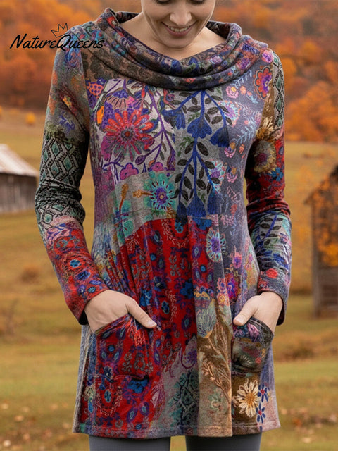 Women's Boho Boat-Shaped Collar Floral Print Stretch Top