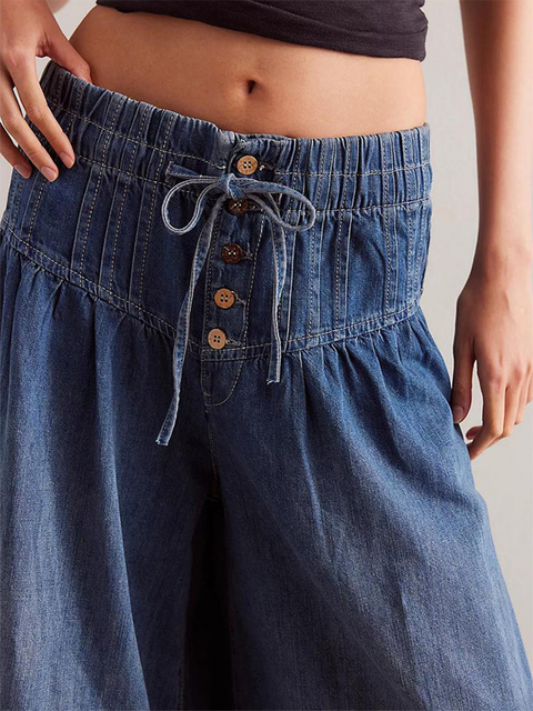 Pleated Lace-up Loose Wide-leg Jeans