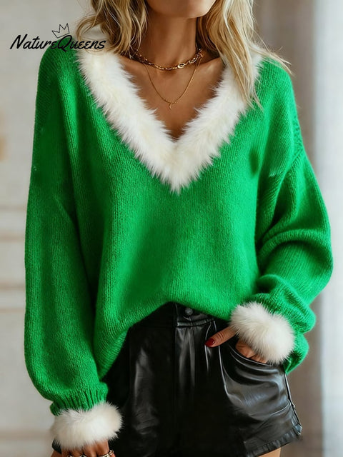 Women's casual Christmas fur collar knitted top