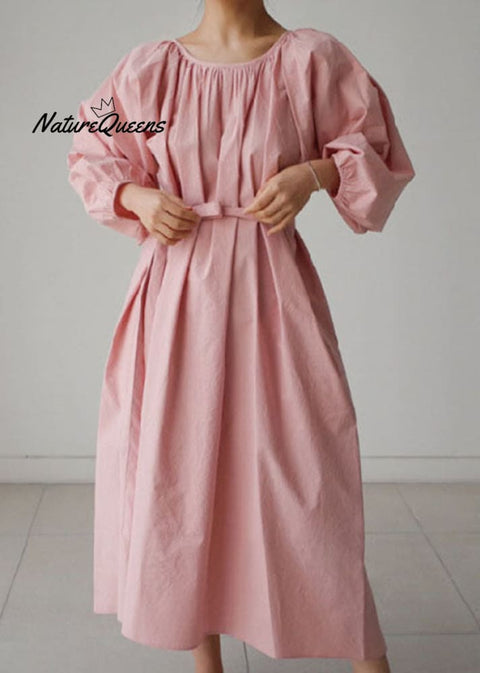 Pink O-Neck wrinkled Cotton Holiday Dress Spring