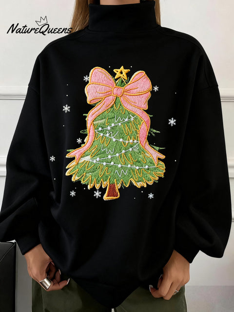 Women's Winter Christmas Tree Print Festive Turtleneck Sweatshirt