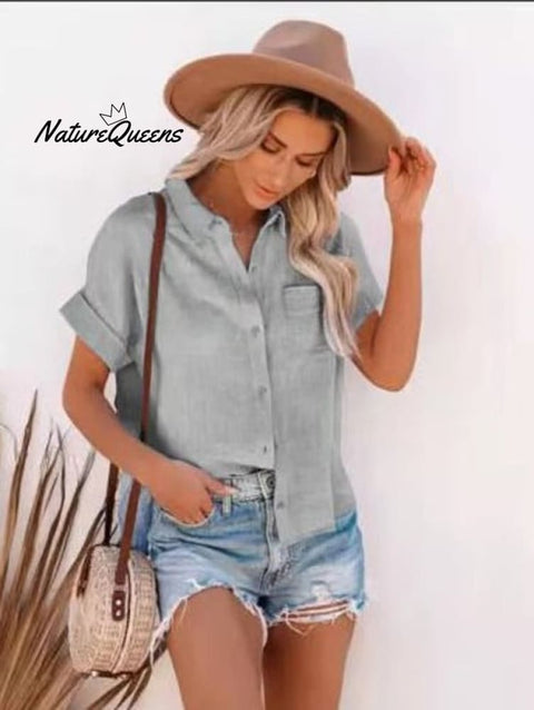 Women’s Cotton Linen Short Sleeves Ladies Lapel Buttoned Shirt Grey / S