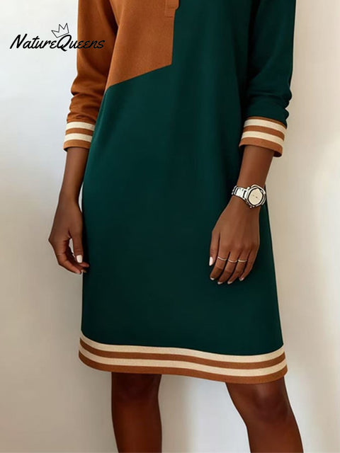 Women'S Casual Round Neck Contrast Color Long Sleeve Dress