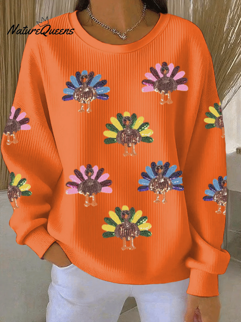 Women's Retro Thanksgiving Turkeys Art Print Round Neck Sweatshirt