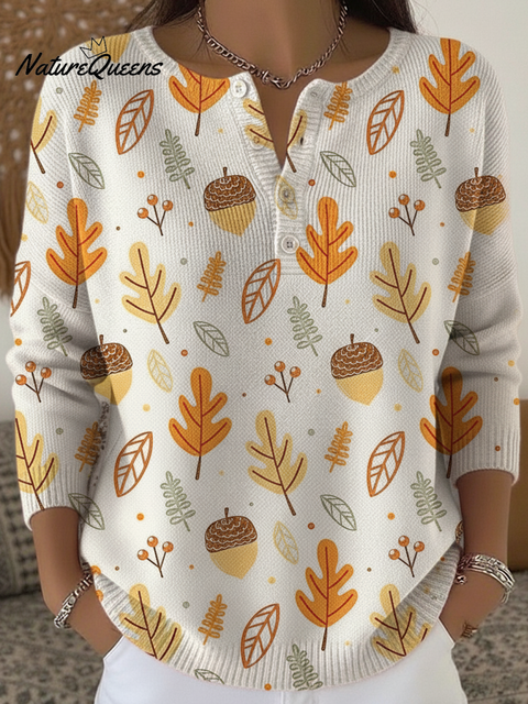 Forest Autumn Pinecone Print Henley Neck Sweater Top