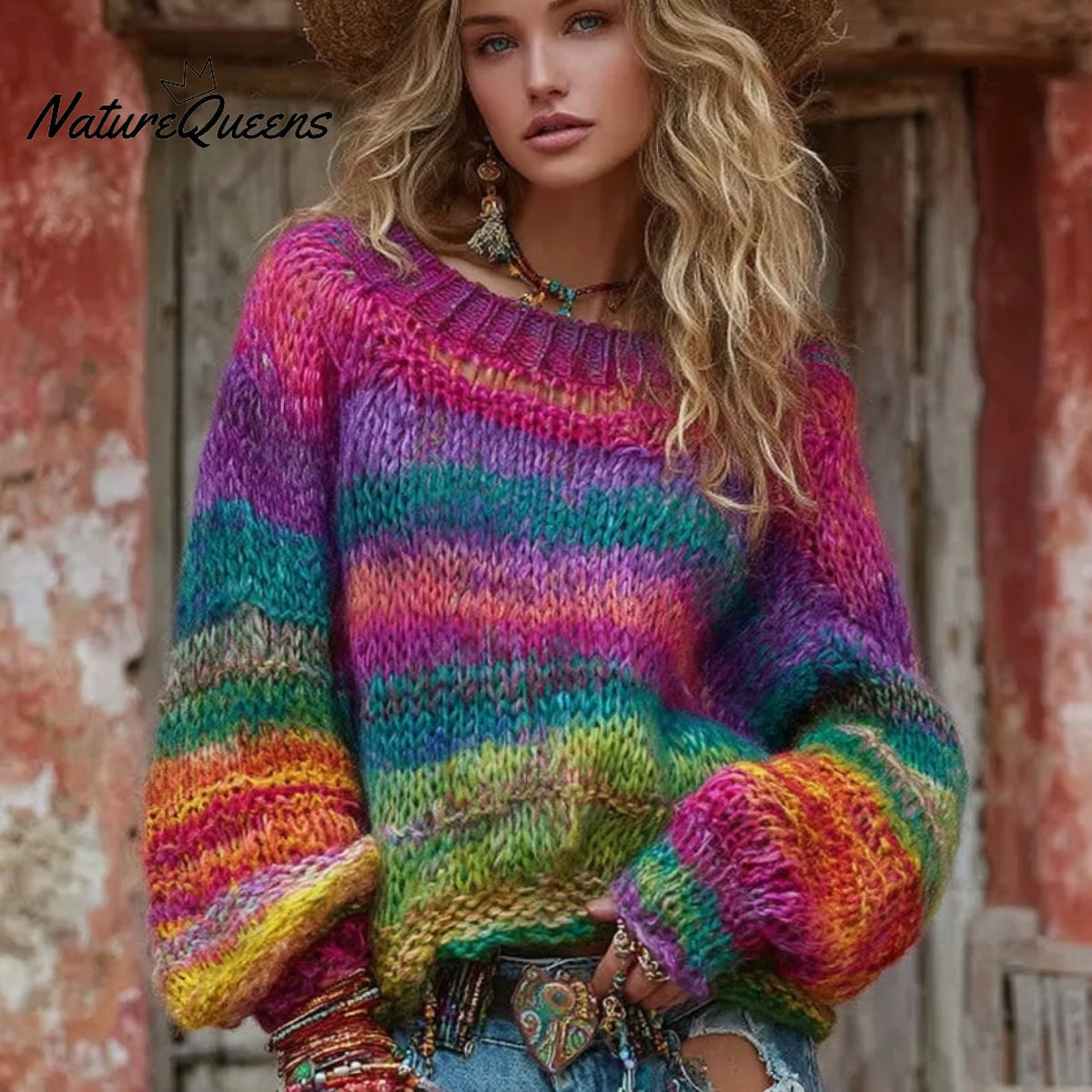 Women's Vintage Rainbow Stripes Knit Pullover Sweater