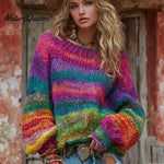 Women's Vintage Rainbow Stripes Knit Pullover Sweater