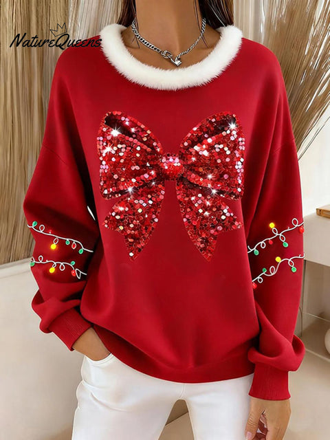 Women's Christmas Bow Sequins Print Crew Neck Casual Sweatshirt