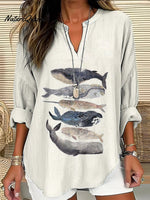 Retro Whale Art Fish Print Long Sleeve Blouse