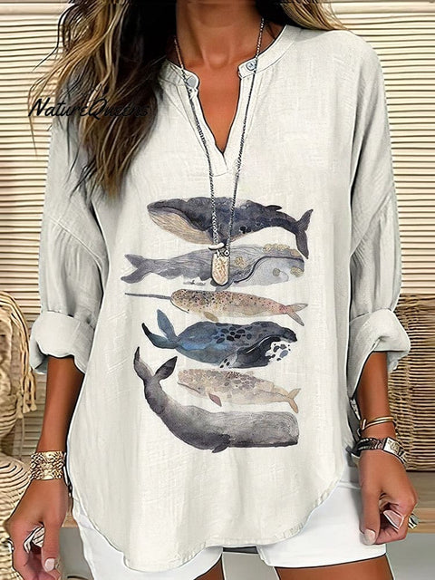 Retro Whale Art Fish Print Long Sleeve Blouse