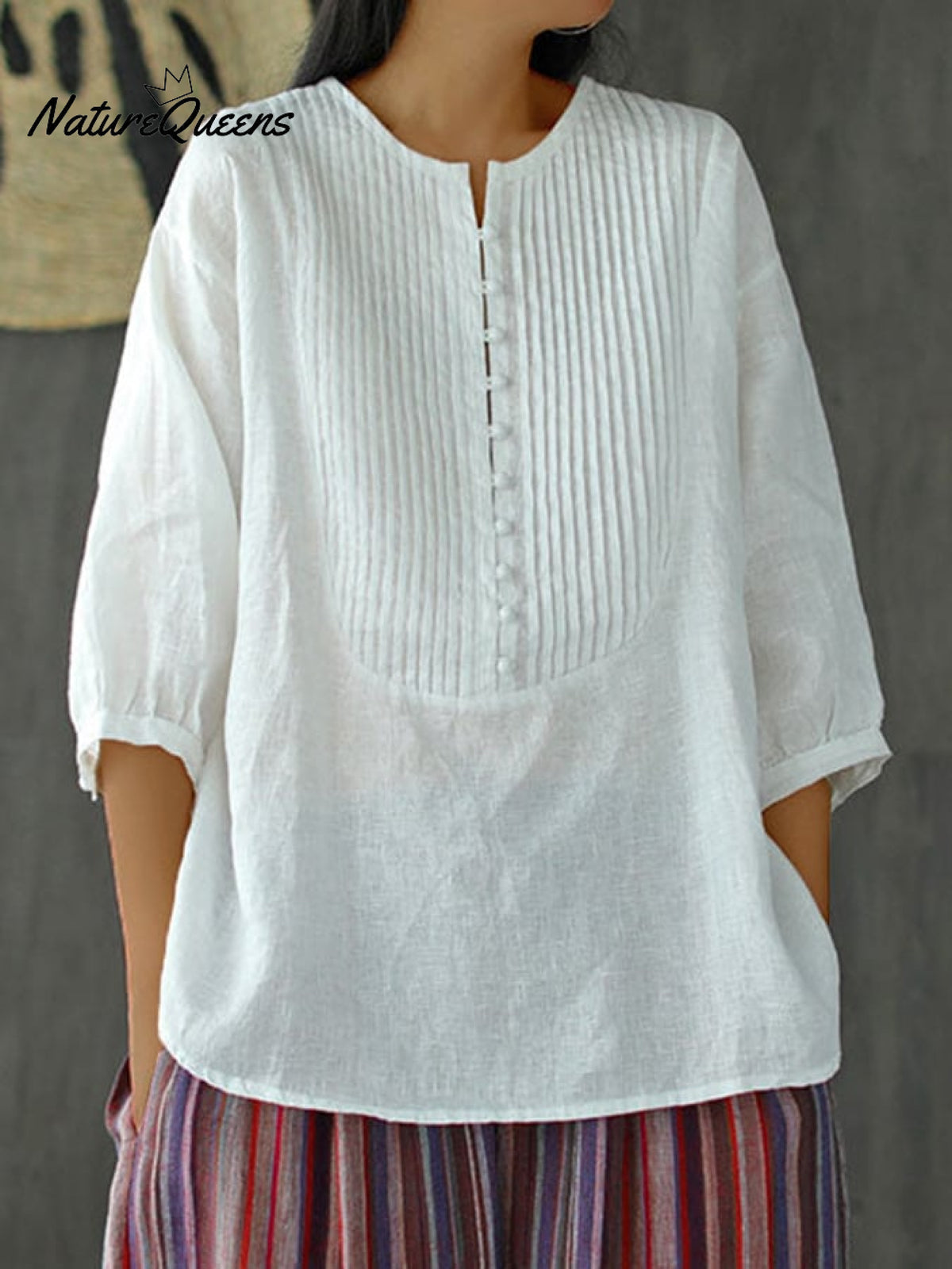 Women’s Pleated Round Neck Casual Cotton And Linen Shirt White / M