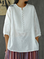 Women’s Pleated Round Neck Casual Cotton And Linen Shirt White / M