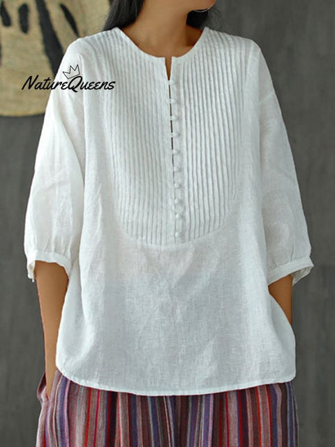 Women’s Pleated Round Neck Casual Cotton And Linen Shirt White / M