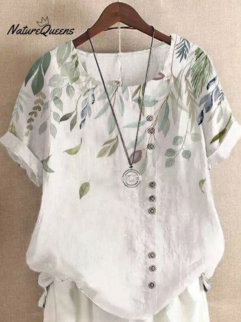 Spring And Summer New Retro Cotton Linen Fashion Plant Flower Printing Loose Casual Lining Round