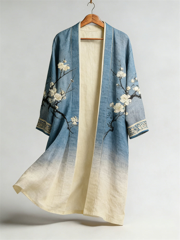 Japanese Plum Blossom Gradient Flowy Linen Long Kimono