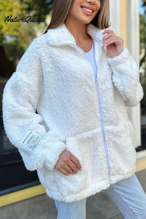 Solid Color Casual Long Sleeve Zipper Pocket Loose Jacket