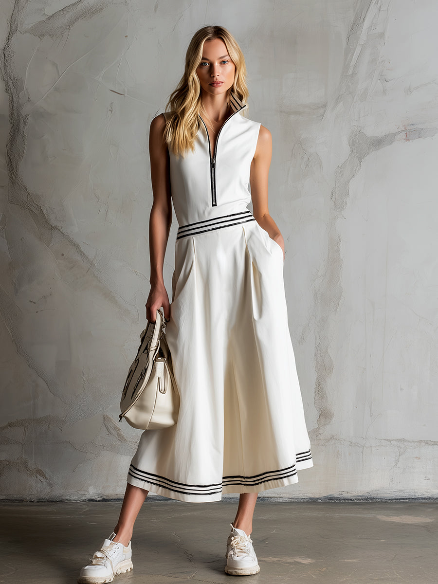 Elegant Sporty Striped TrimWhite Cotton Sleeveless Midi Dress