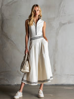 Elegant Sporty Striped TrimWhite Cotton Sleeveless Midi Dress