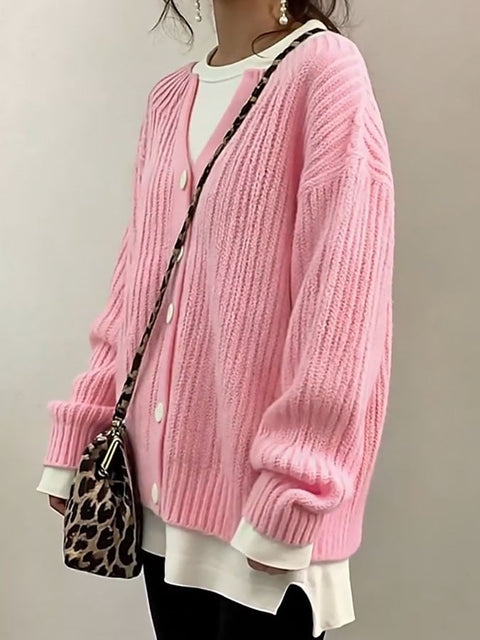 Women'S Casual Round Neck Solid Color Sweater Jacket