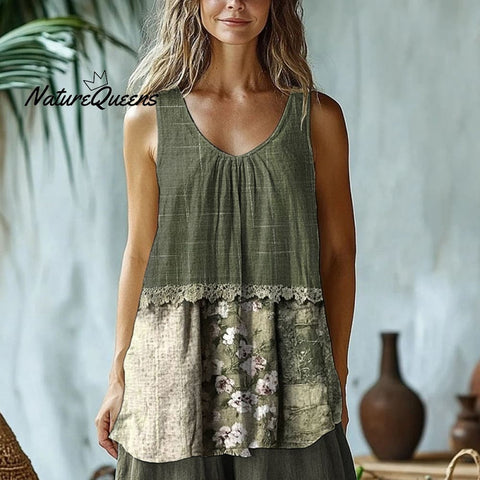 Elegant Lace Patchwork Art Linen Blend Tank Top