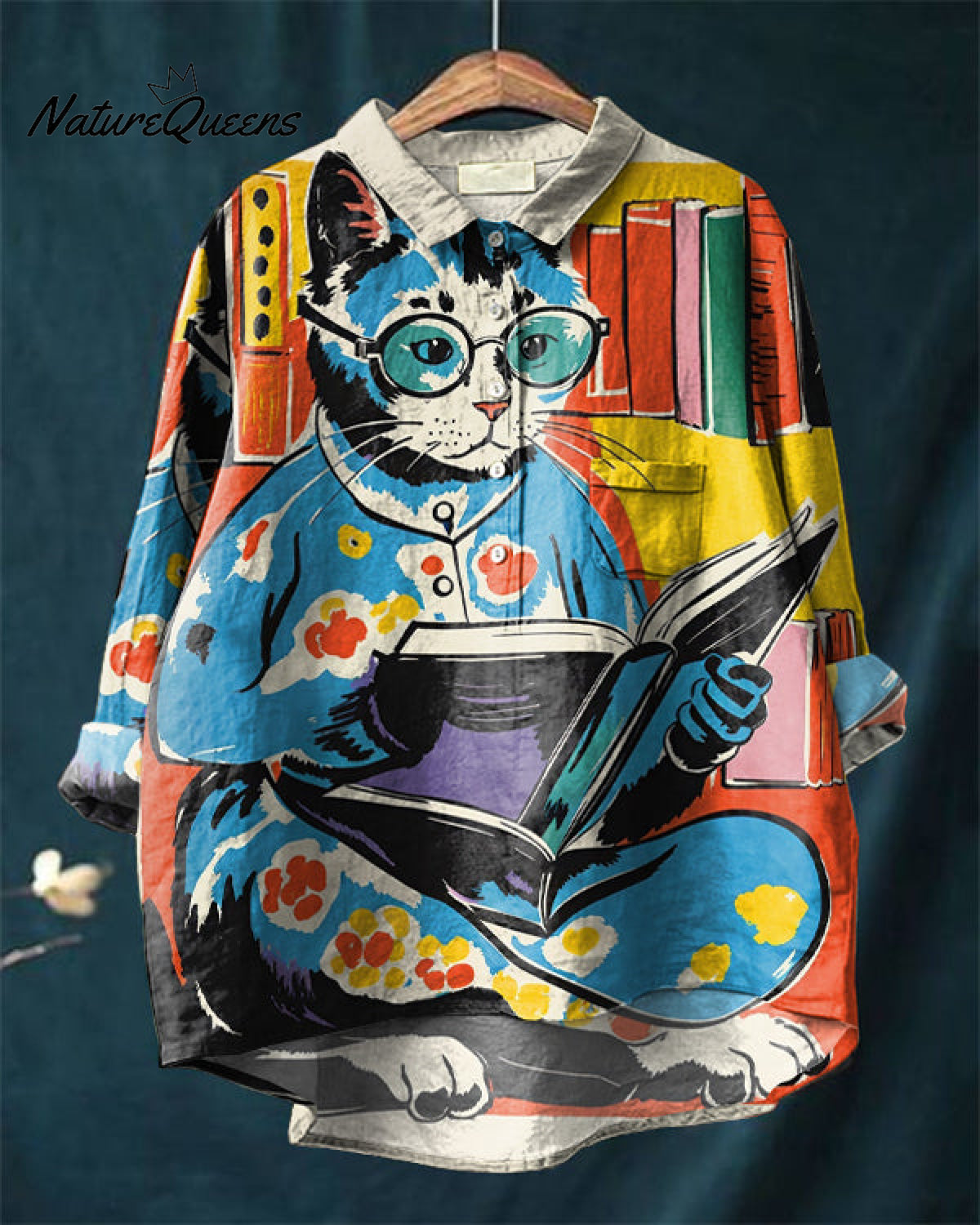 Colorful Cat Books Lover Art Cotton and Linen Casual Shirt