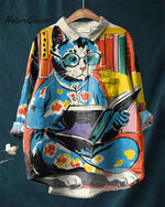 Colorful Cat Books Lover Art Cotton and Linen Casual Shirt