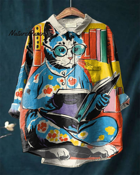 Colorful Cat Books Lover Art Cotton and Linen Casual Shirt