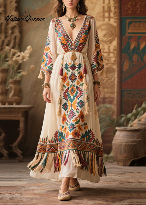 White Print Chiffon Maxi Dresses Tasseled Bracelet Sleeve