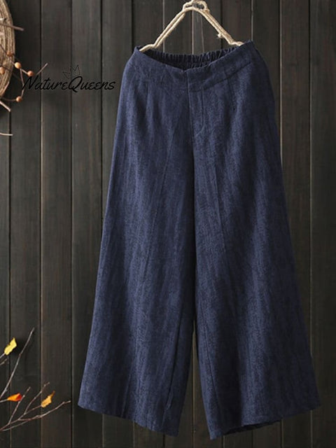 Women’s Casual Simple Cotton Pants Loose Nine Point Wide Leg Navy / S