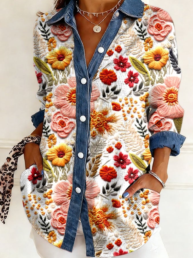 Women's Retro Floral Patchwork Art Design Print Lapel Waffle Knit Shirt